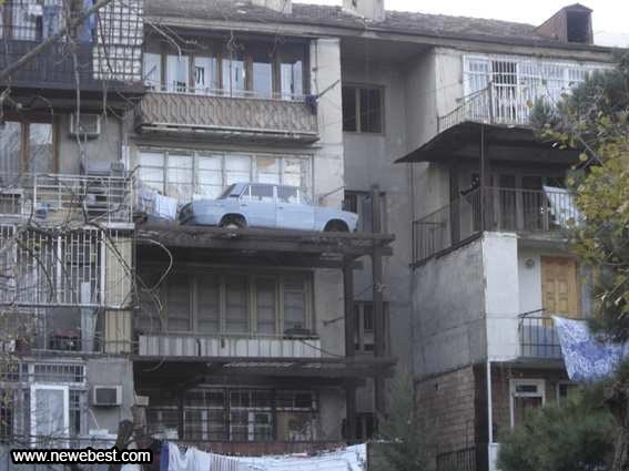A car on a balcony
